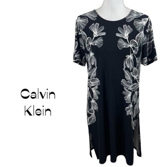 Calvin Klein Black With White Floral Print Beach Cruise Dress NWOT Size M - Picture 2 of 13